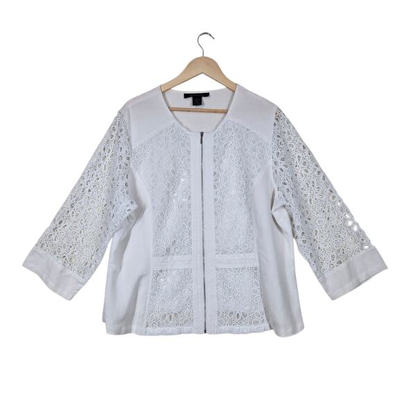 Ashley Stewart Linen Blend Eyelet Panel Jacket 18W White Zip Front 3/4 Slv Boho - Picture 1 of 15